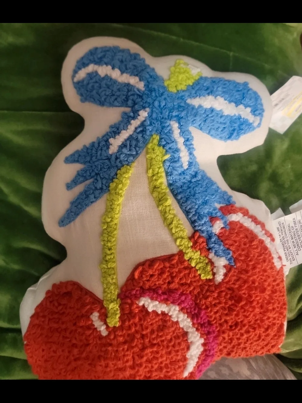 Decorative Cherry Pillow with Blue Bow - Red, Blue, Green Accents